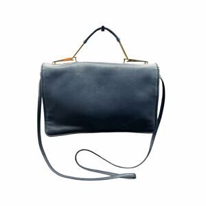 Vintage Ande Navy Blue Leather Crossbody Clutch Gold Bar Leather Handle